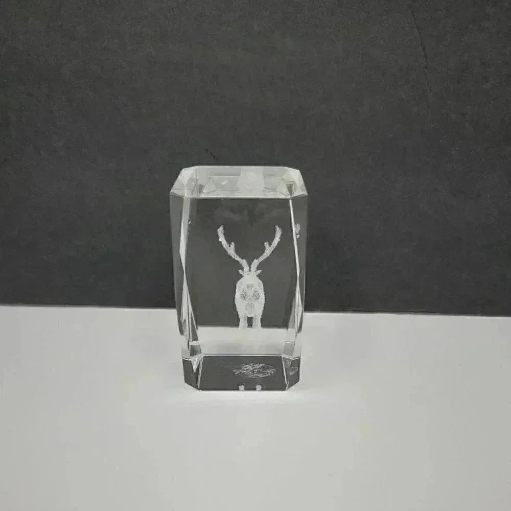 Stag Laser Cut Glass Etched Paper Weight Clear Cube 3